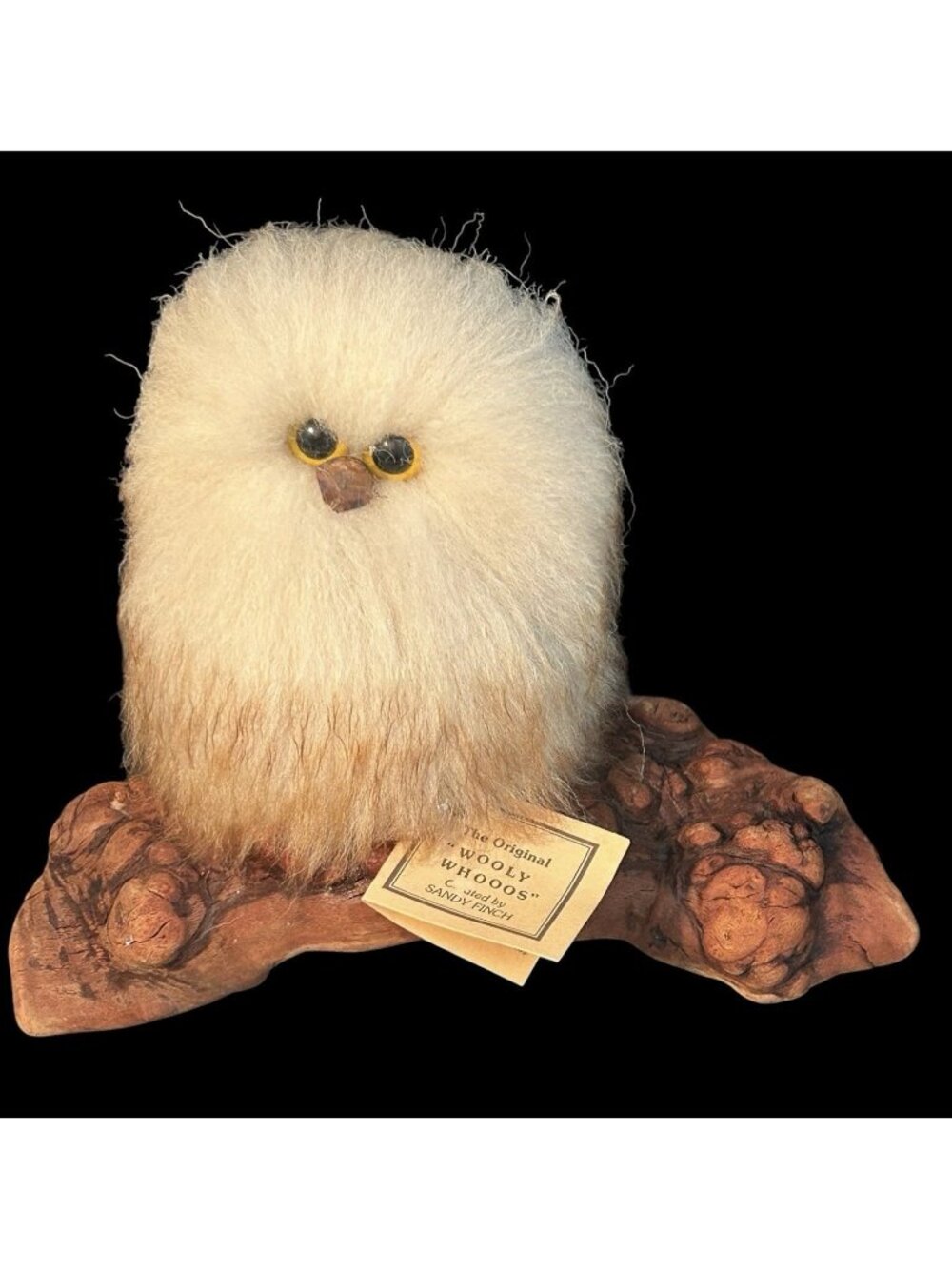 The Wooly Critters Fuzzy Owl 1970's Decor Burl Wood Base w Tag 9"x7" Handmade